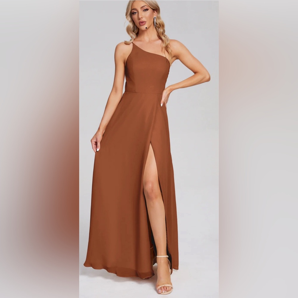 Cicinia One Shoulder Side Slit Chiffon Bridesmaid Dress - Terracotta Size 8